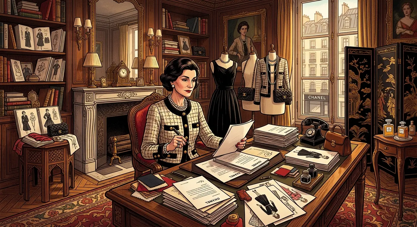 Coco Chanel in her Rue Cambon apartment, surrounded by her exquisite designs and business papers