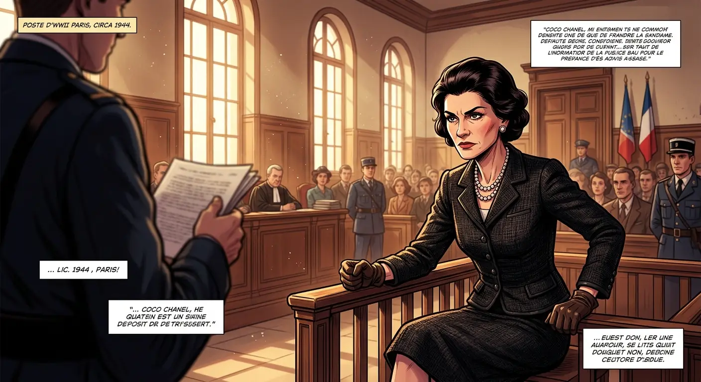 Coco Chanel, stern-faced, possibly in a courtroom or during an interrogation, an air of defiance about her