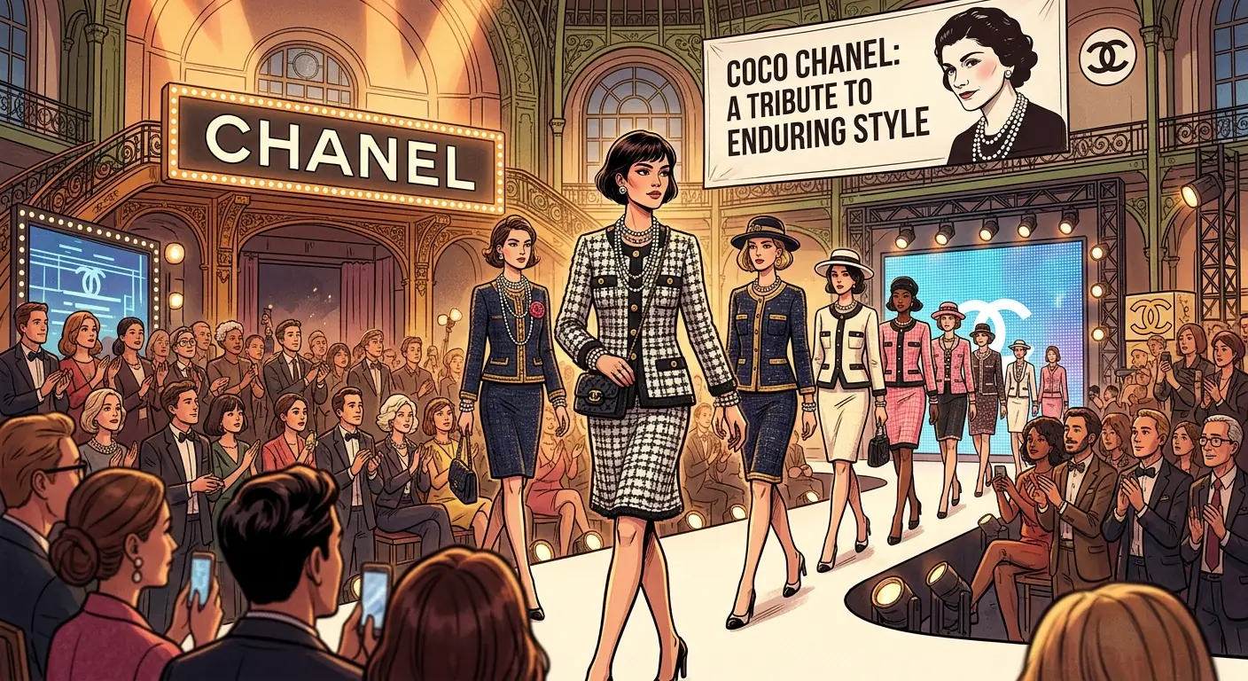A modern Chanel runway show, models in classic tweed suits and pearls, a tribute to Coco's enduring style