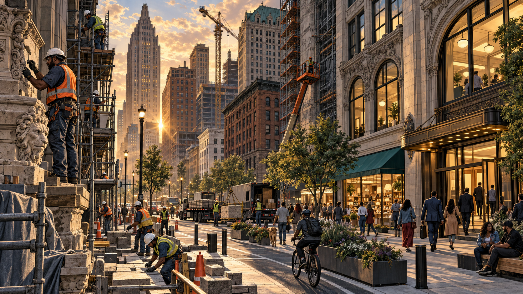 Downtown Detroit blocks under restoration, with historic towers, construction crews, street retail, and Rocket employees arriving