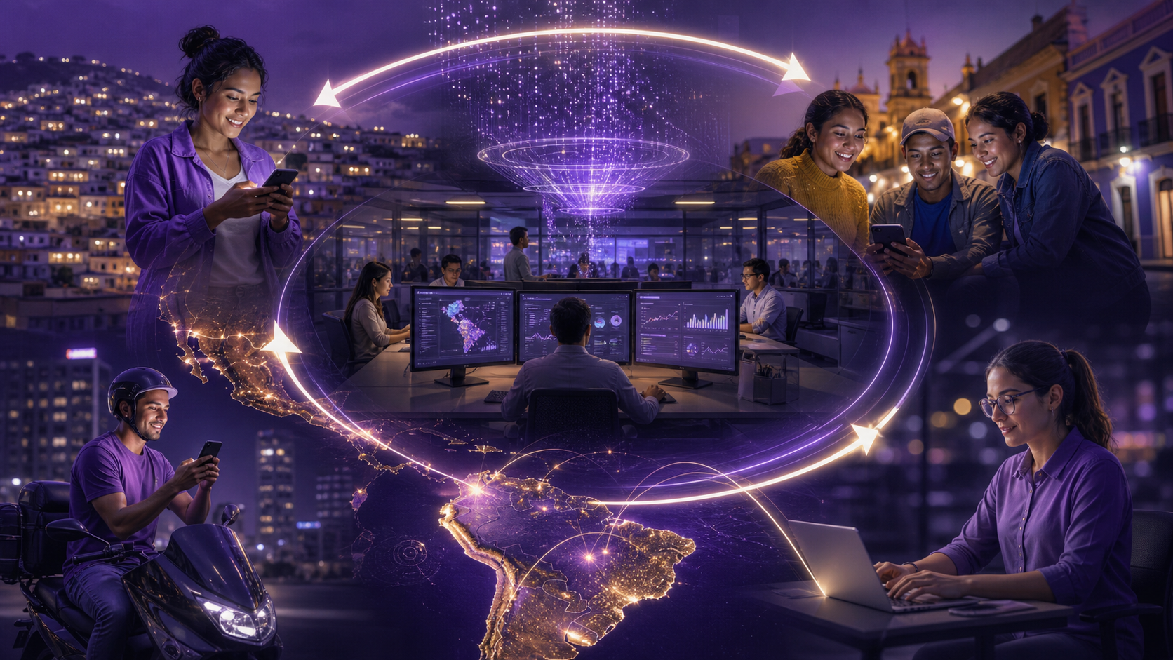 A digital banking flywheel connecting mobile customers, risk decisions, lower costs, and regional expansion