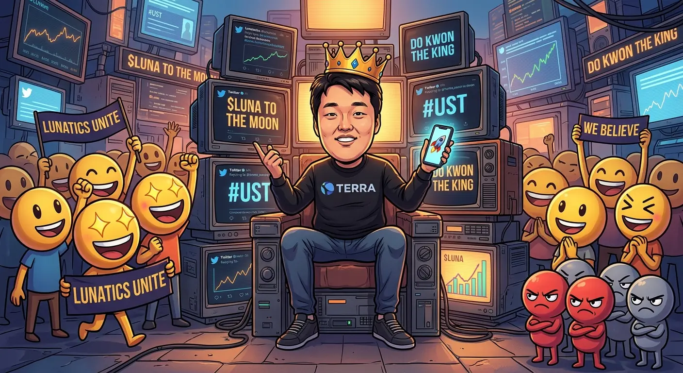 A cartoonish Do Kwon figure with a crown, sitting on a throne made of computer screens displaying Twitter feeds, surrounded by adoring "lunatic" emoji characters and a few tiny, angry "fud" characters in the corner.