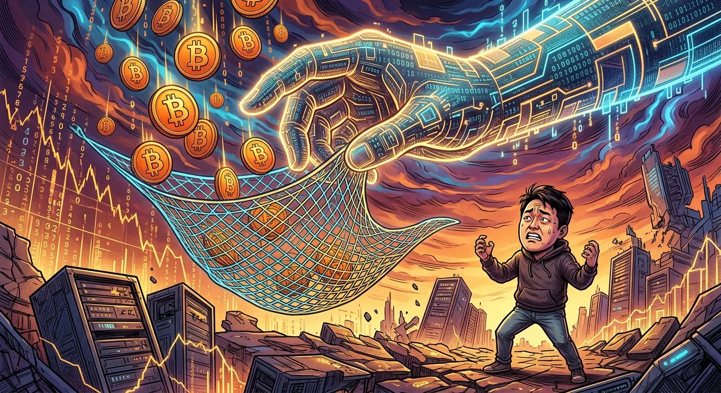 A massive digital hand attempting to catch falling Bitcoin symbols with a net, while a smaller, frantic Do Kwon figure watches from below.
