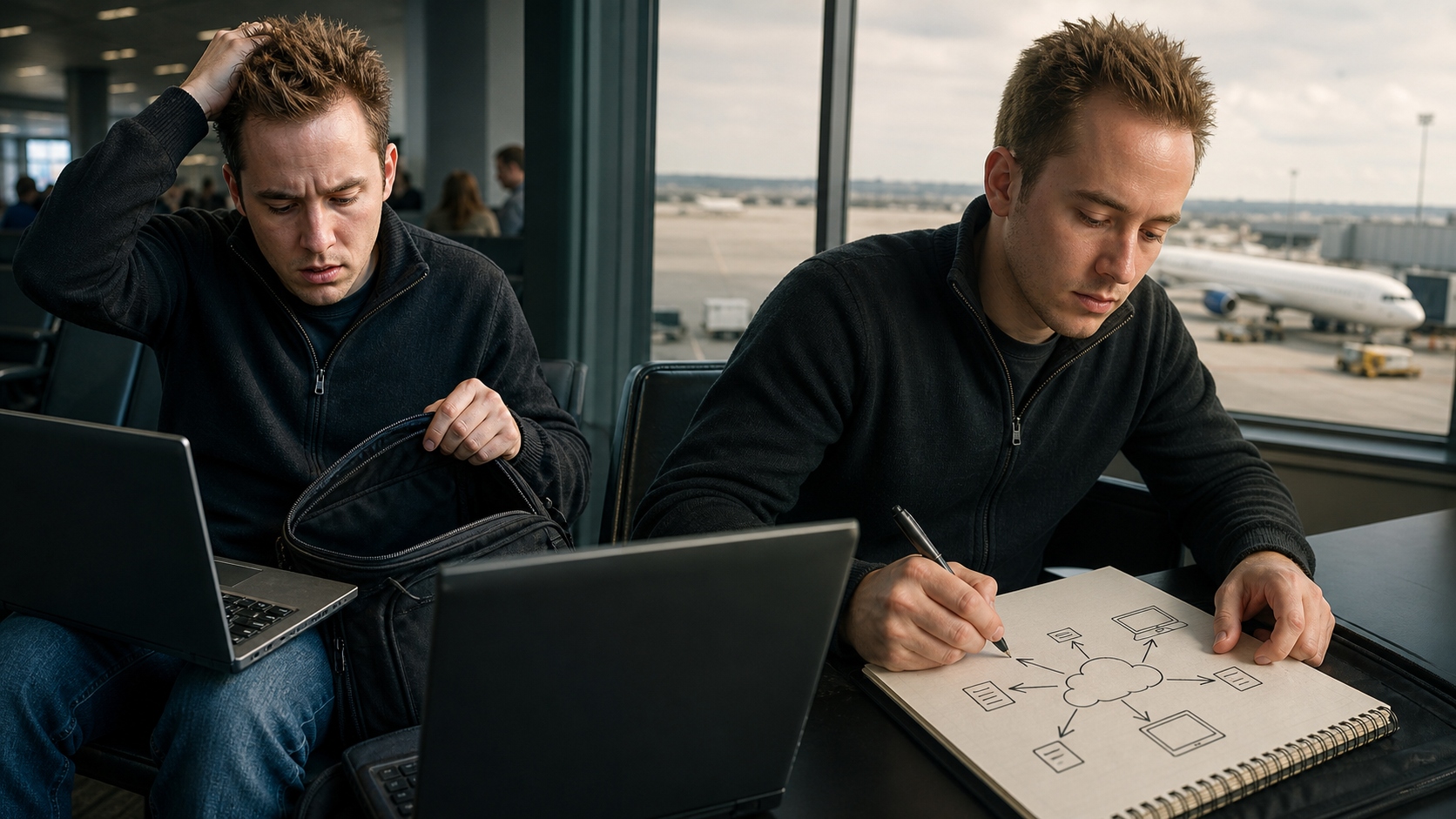 Drew Houston at an airport realizing his files are trapped on a forgotten USB drive, sketching the first Dropbox sync architecture