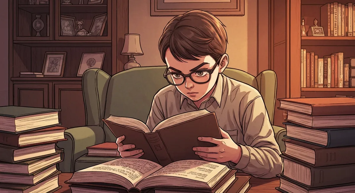 A young boy reading a thick encyclopedia at a desk in a wood-paneled 1960s study