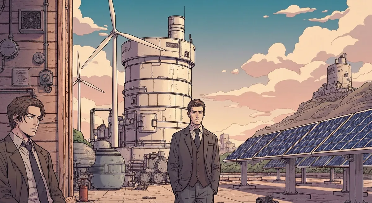 Wind turbines and solar panels stretching across a landscape with a book in the foreground