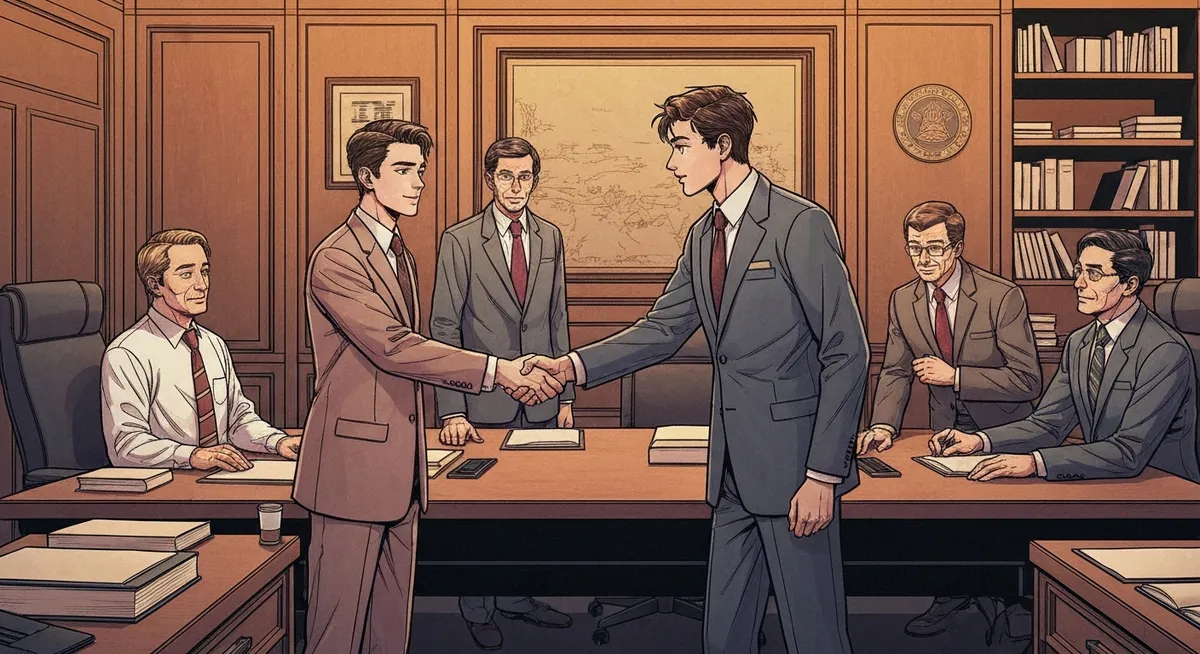 IBM executives in suits shaking hands with a young Bill Gates in a small office