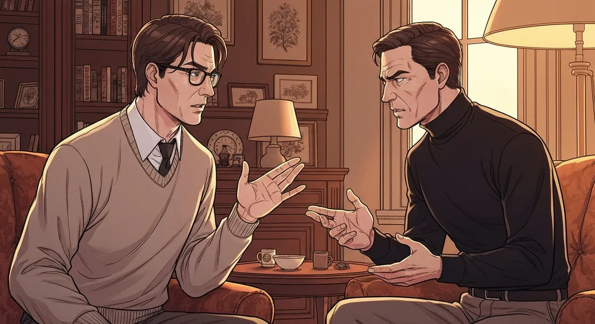 Two young tech moguls arguing across a conference table — the Jobs vs. Gates rivalry