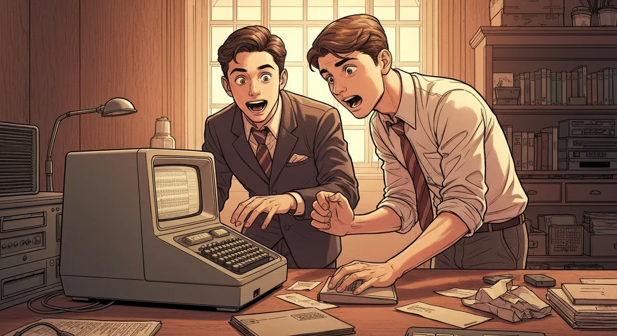 A 1960s computer terminal room with a Teletype machine and a young student typing furiously