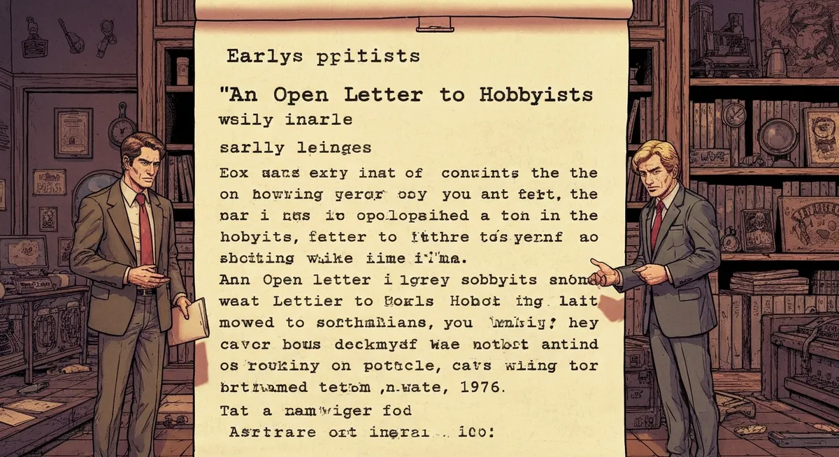 A typewritten letter on a bulletin board — Gates's famous open letter about software piracy
