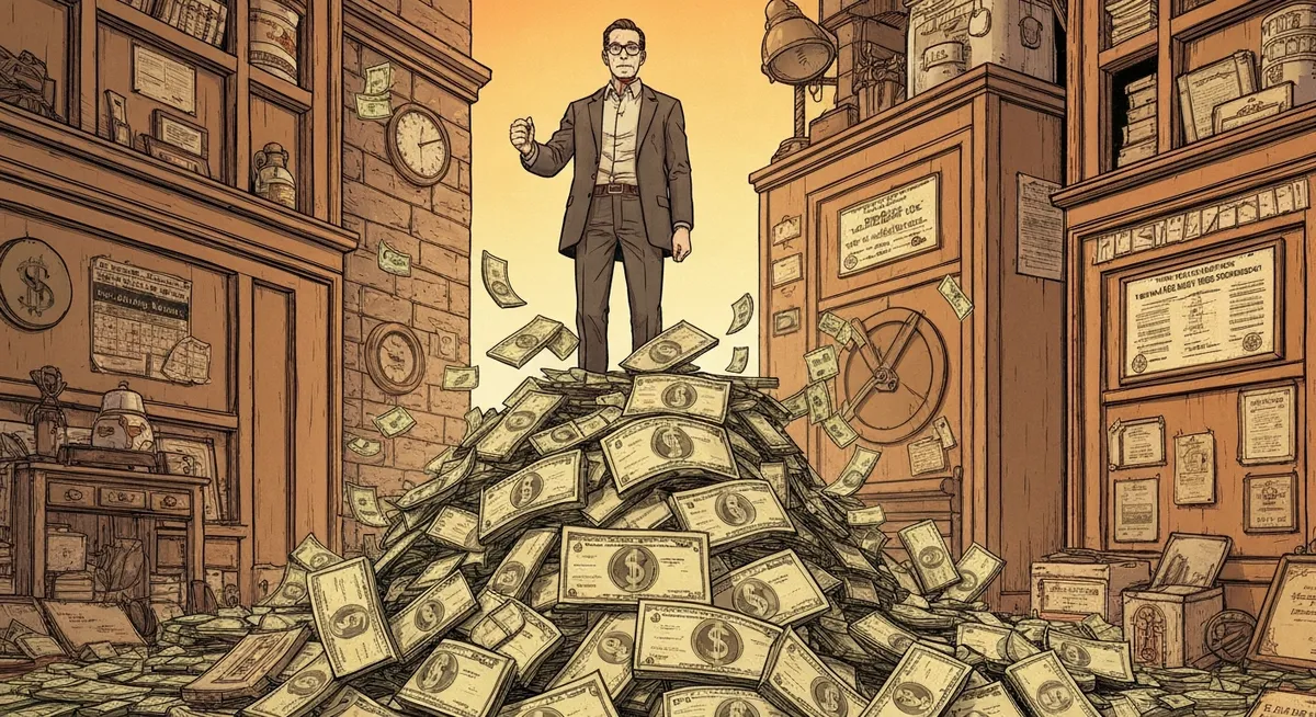 Bill Gates standing atop a metaphorical mountain of gold with the Microsoft logo in the sky