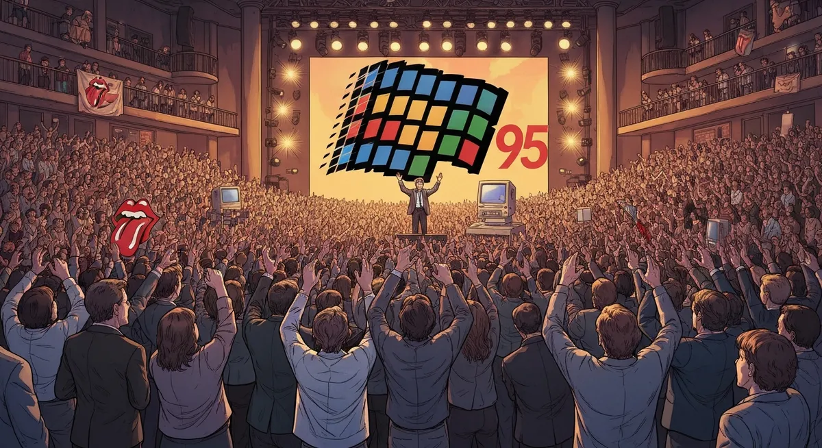 A massive midnight launch event with crowds lined up outside a store to buy Windows 95