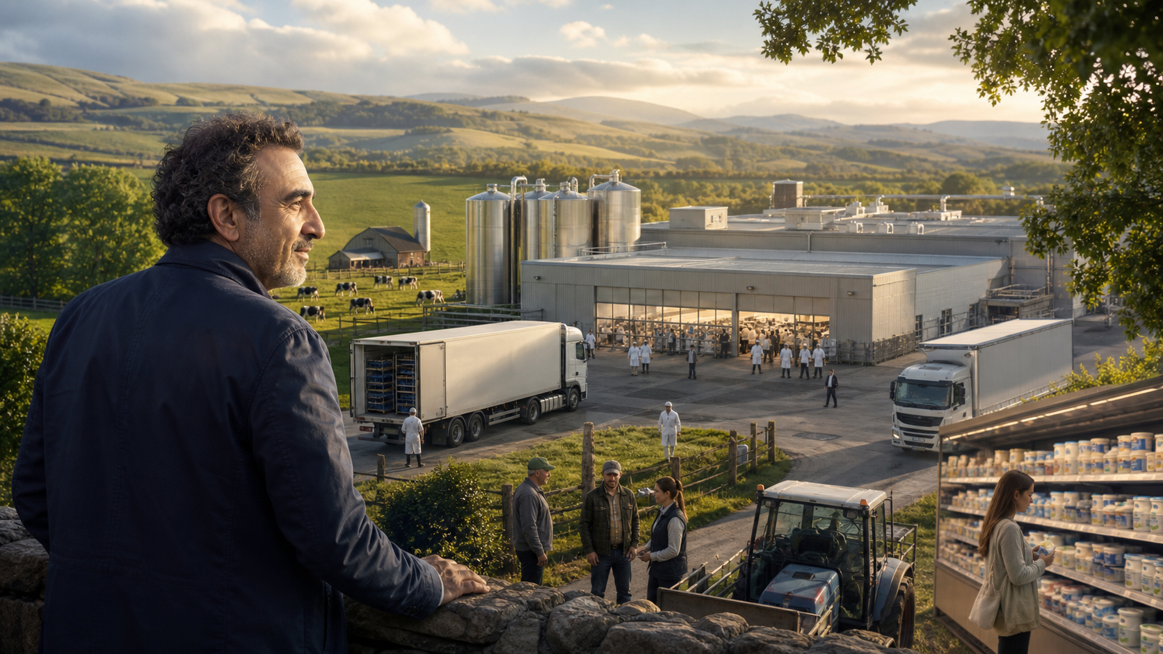 Hamdi Ulukaya overlooking a revived factory connected to farms, workers, and grocery shelves