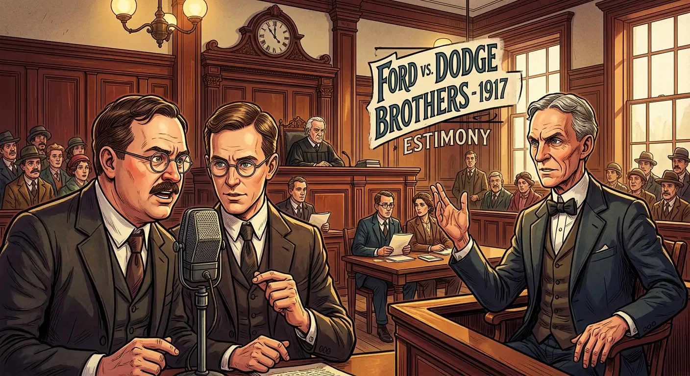 A courtroom sketch of John and Horace Dodge testifying against Henry Ford in 1917