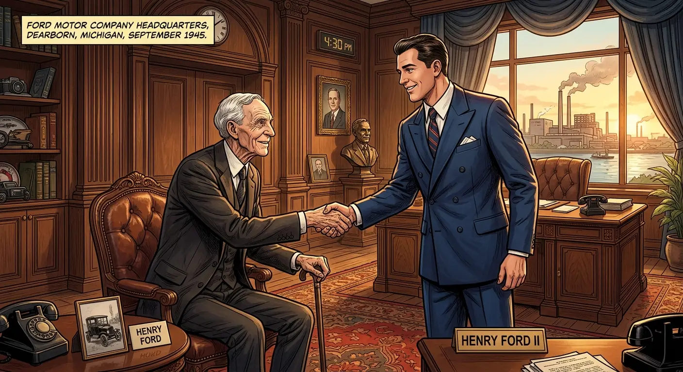 A frail, elderly Henry Ford with his grandson Henry Ford II, shaking hands in a formal setting, 1945