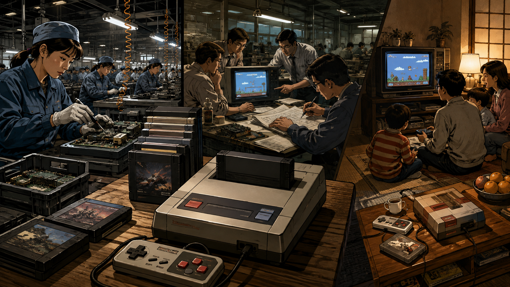 The Famicom and Nintendo Entertainment System connect disciplined hardware manufacturing, iconic game cartridges and families rediscovering home video games