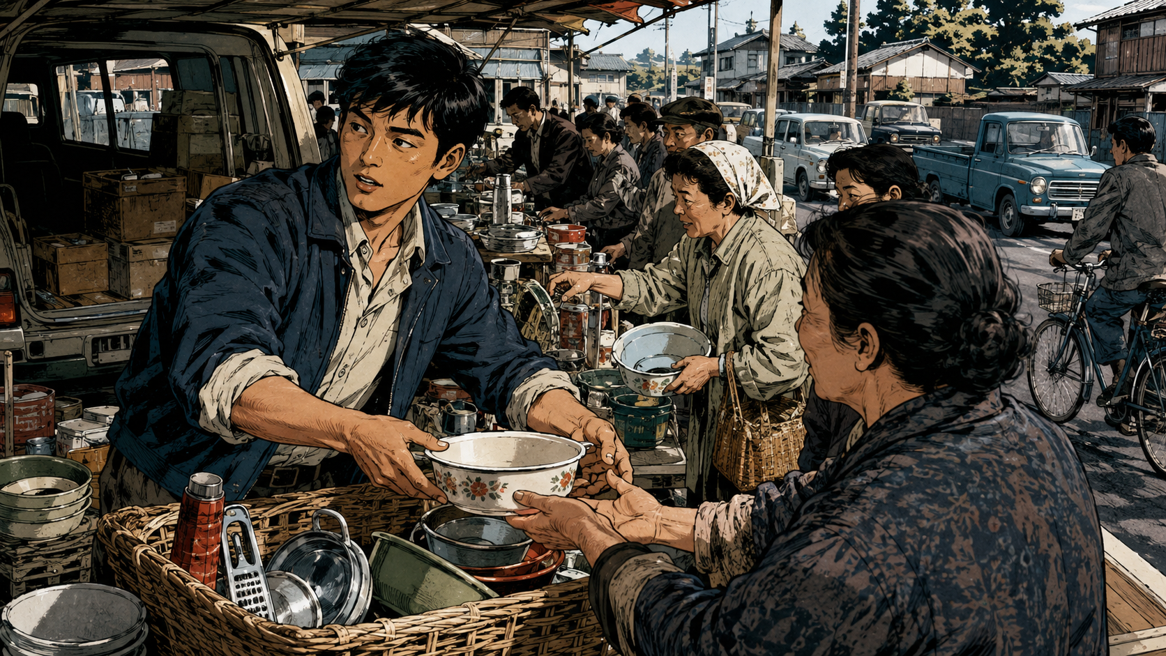 A young Hirotake Yano beside a roadside mobile shop in 1970s Japan as customers crowd around baskets of useful household goods