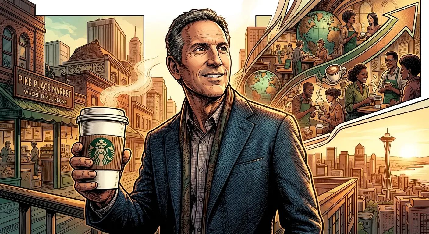 Howard Schultz smiling, holding a Starbucks coffee cup, looking towards the future