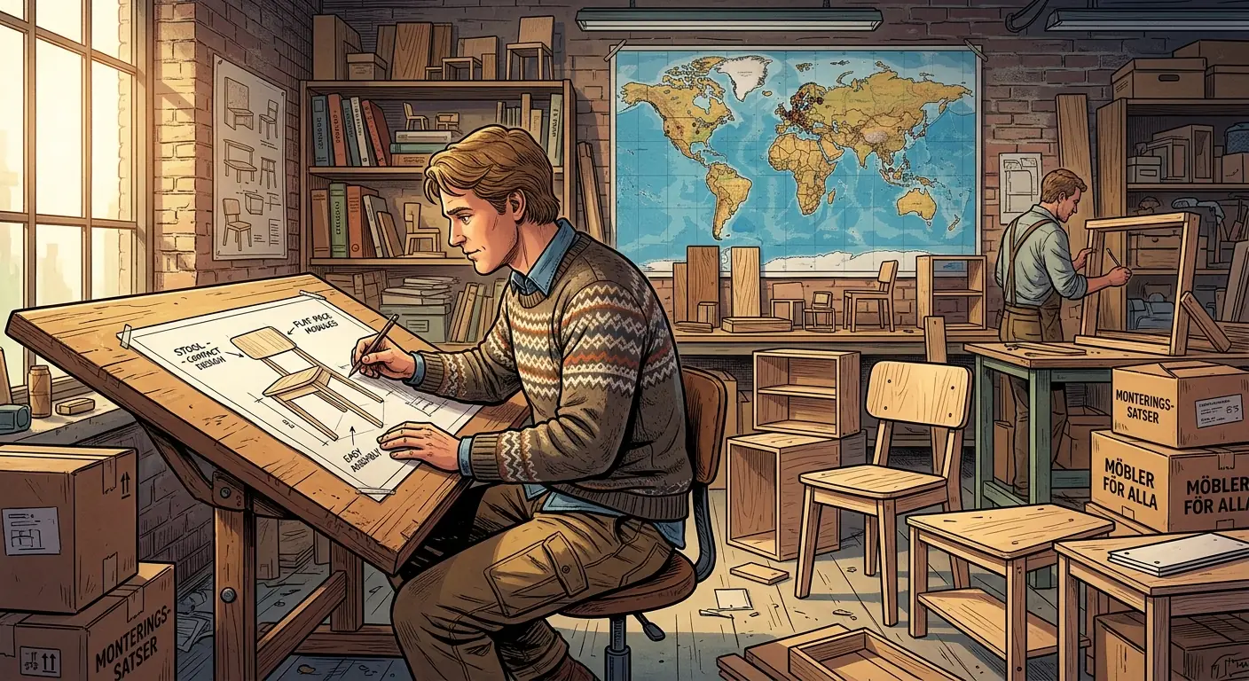 A designer sketching a flat-pack furniture piece, surrounded by prototypes.