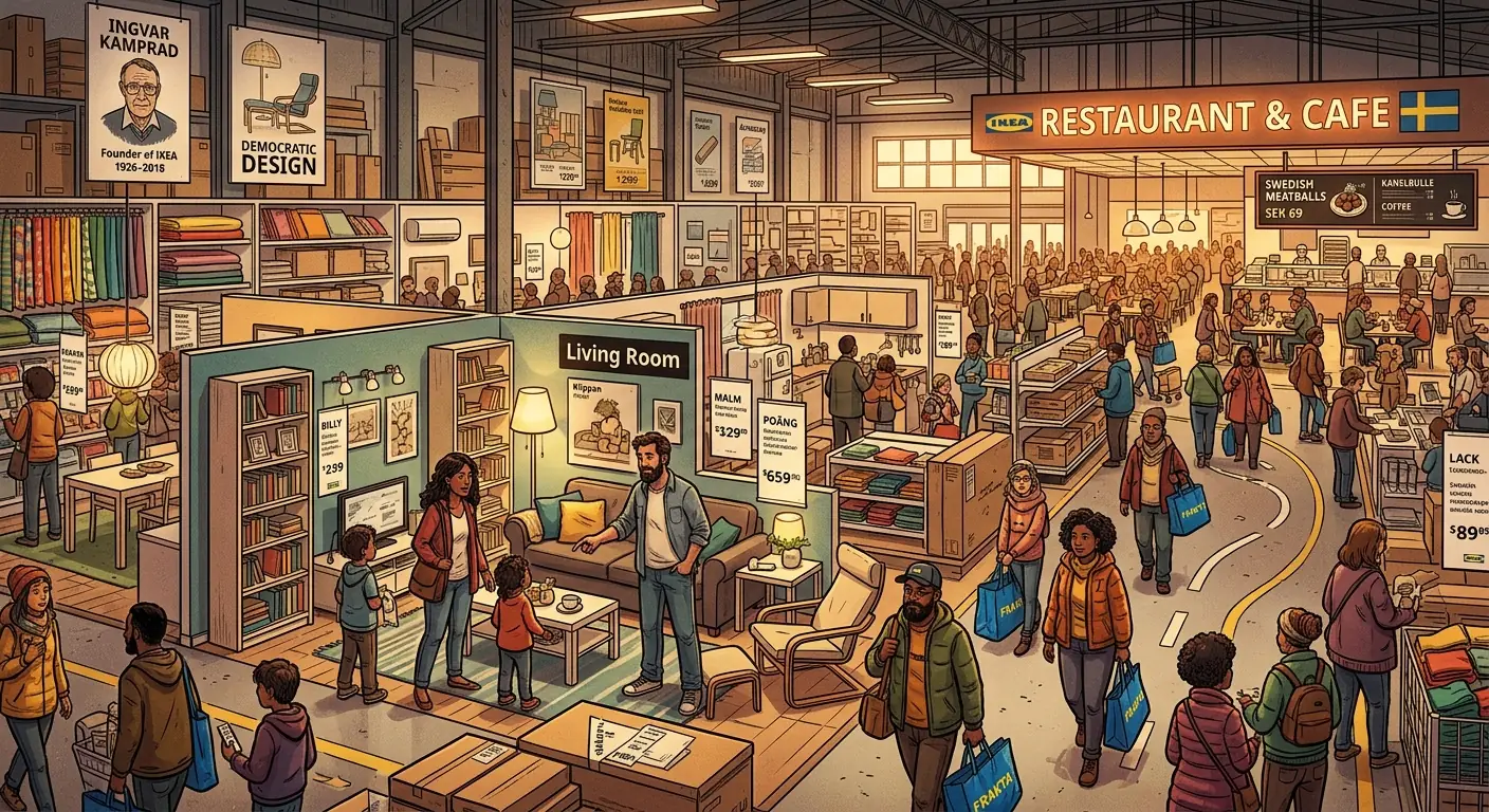 A bustling IKEA store interior, showing families navigating showrooms, with a distant view of the food court.