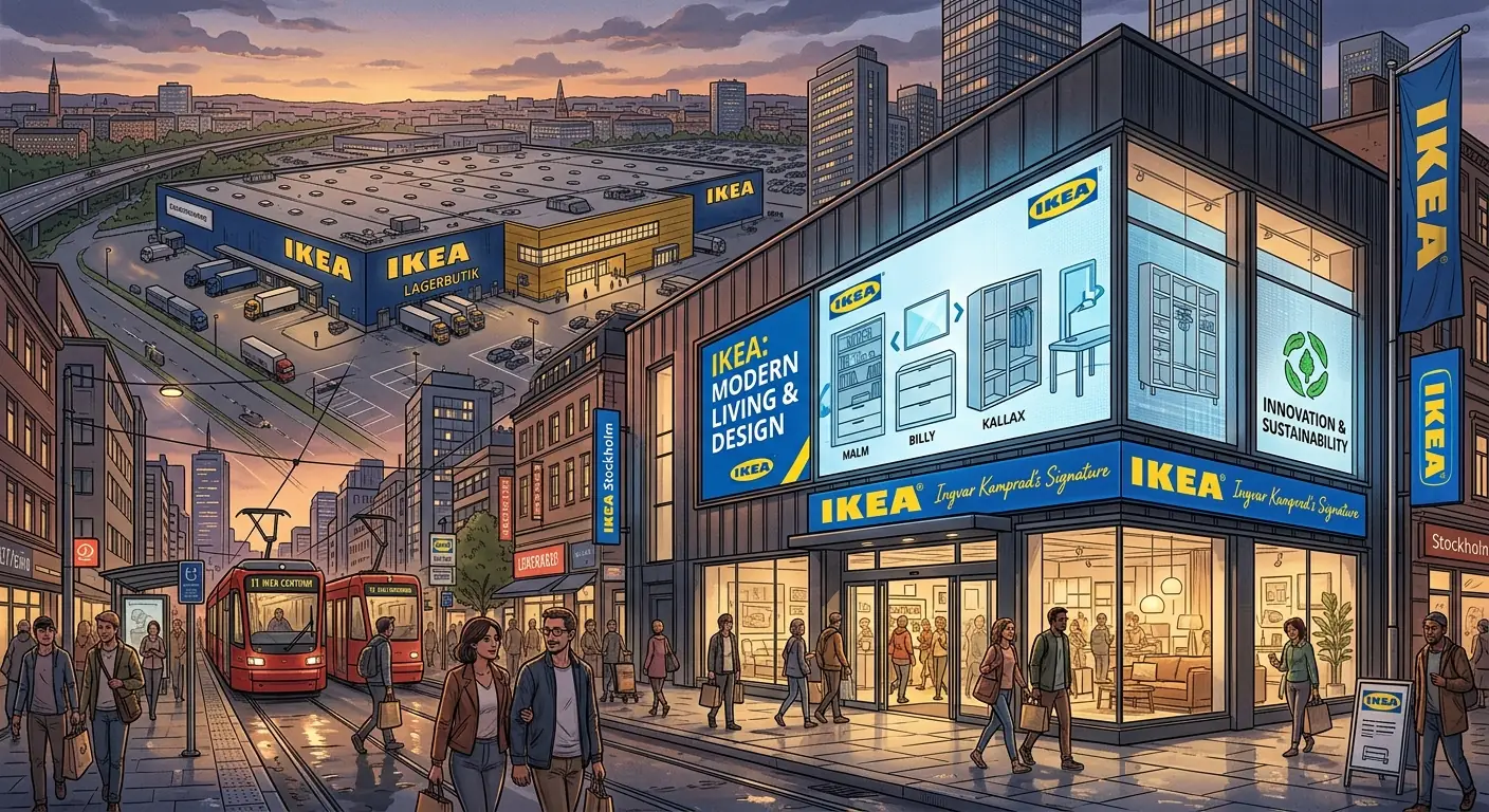 A sleek, modern city-center IKEA store with integrated digital displays, contrasting with a traditional large warehouse store in the background.
