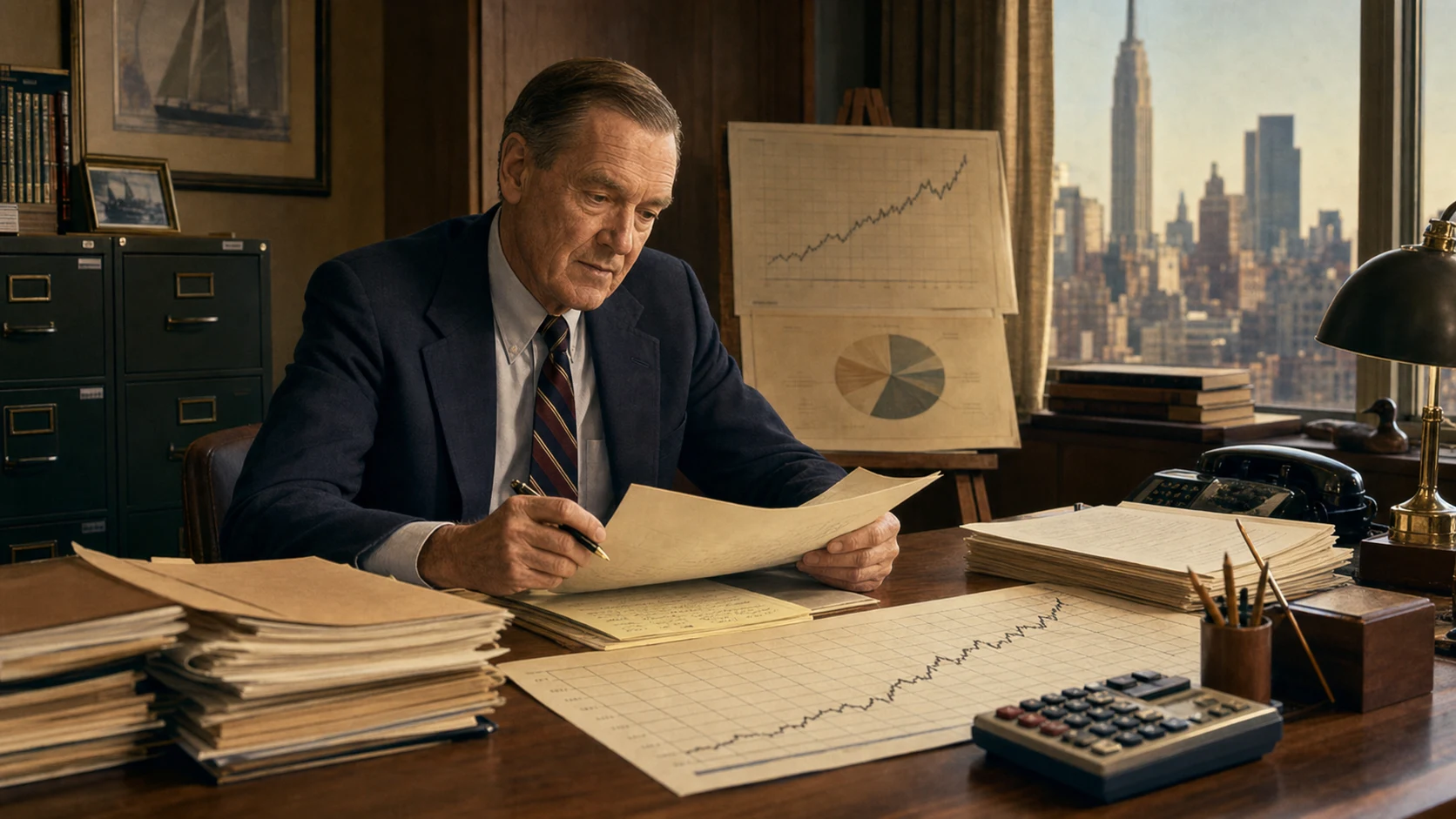 Jack Bogle studying broad-market charts while developing the low-cost index fund model