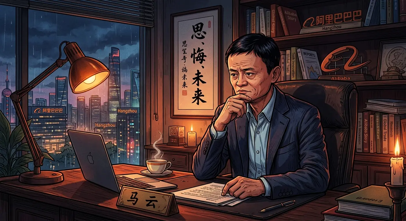 Jack Ma in a pensive moment, looking slightly troubled, perhaps in a dimly lit setting, reflecting on past decisions