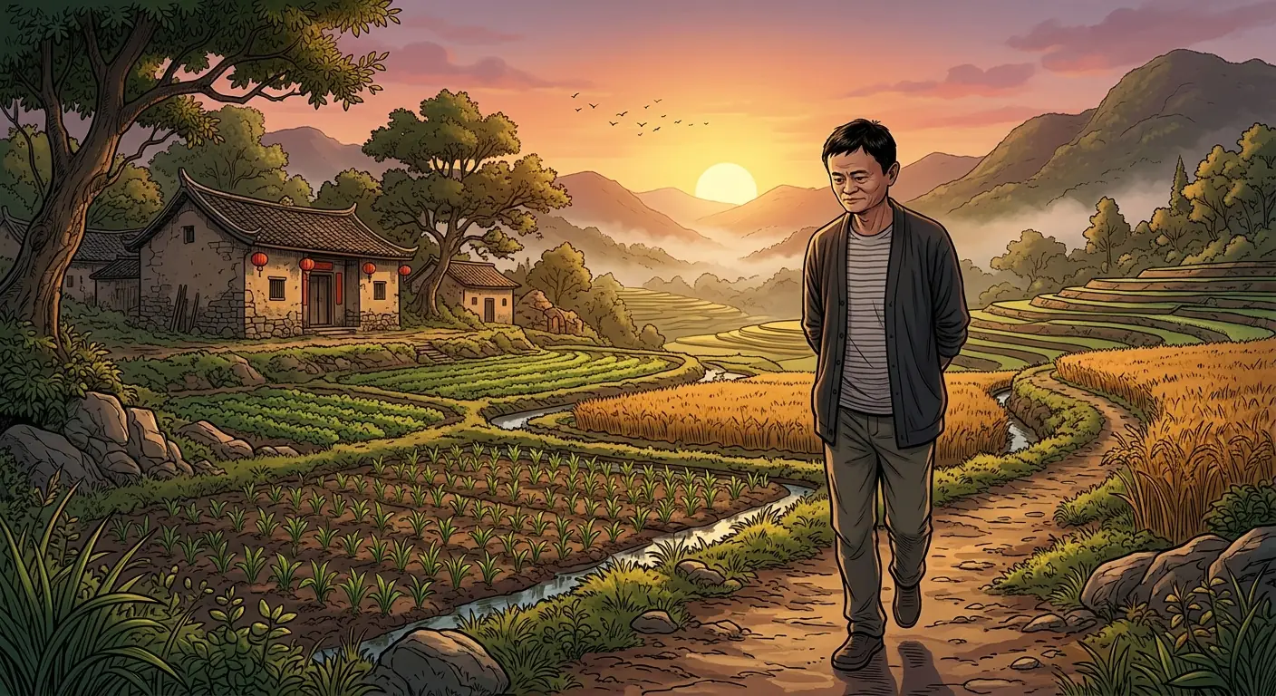 Jack Ma walking alone in a serene rural setting, perhaps a field or garden, looking contemplative, dressed casually