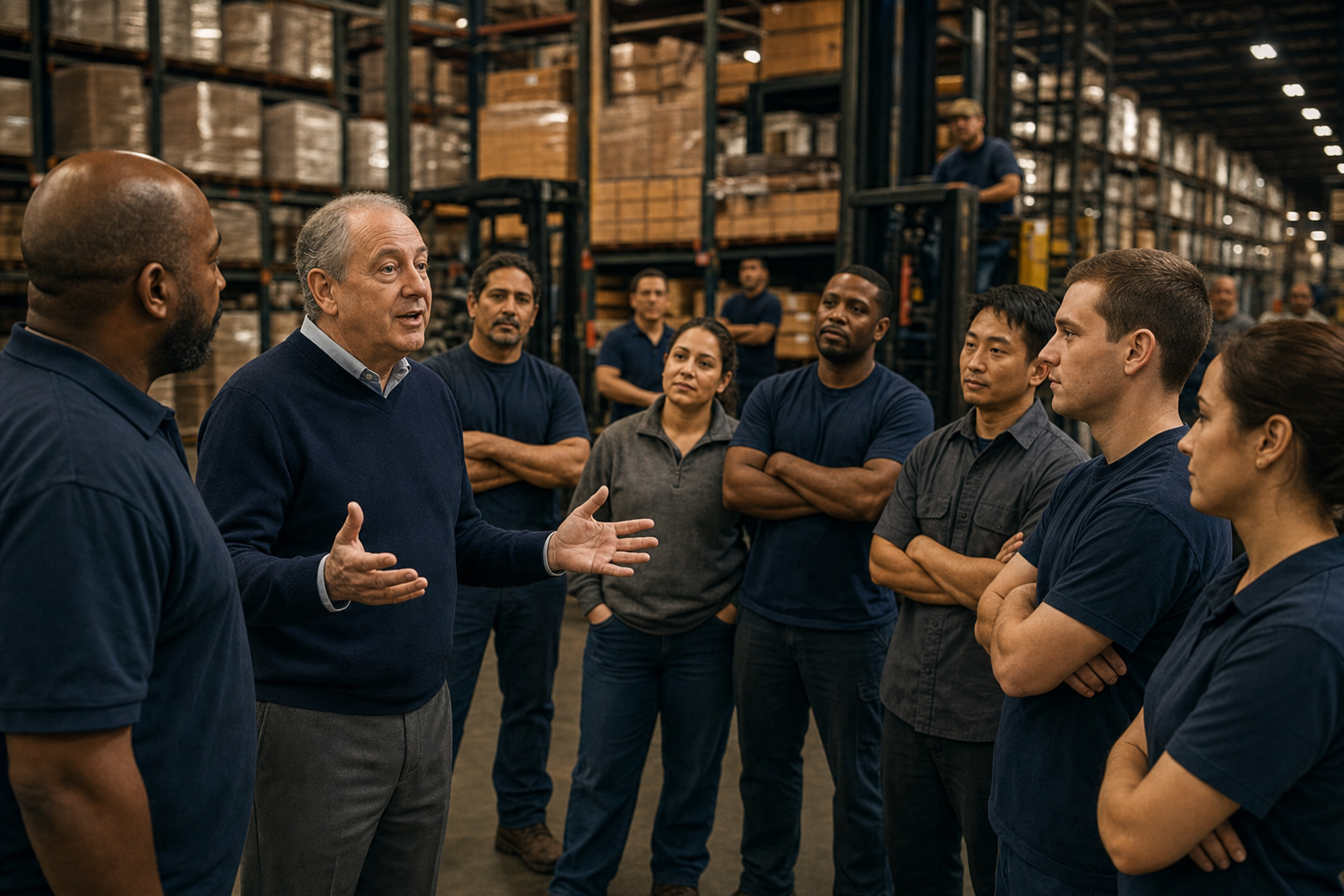 James Sinegal speaking with experienced warehouse employees