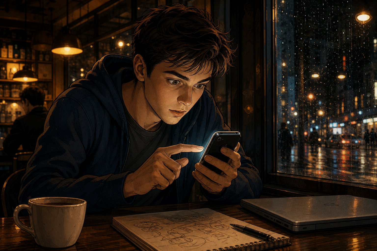 Jan Koum studying an early iPhone in a cafe, realizing the future of apps, moody editorial illustration