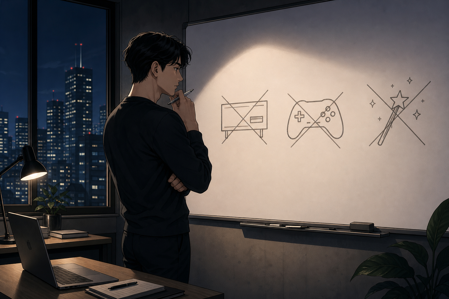 A minimalist office wall with the words no ads no games no gimmicks above a small focused team, graphic-novel editorial style
