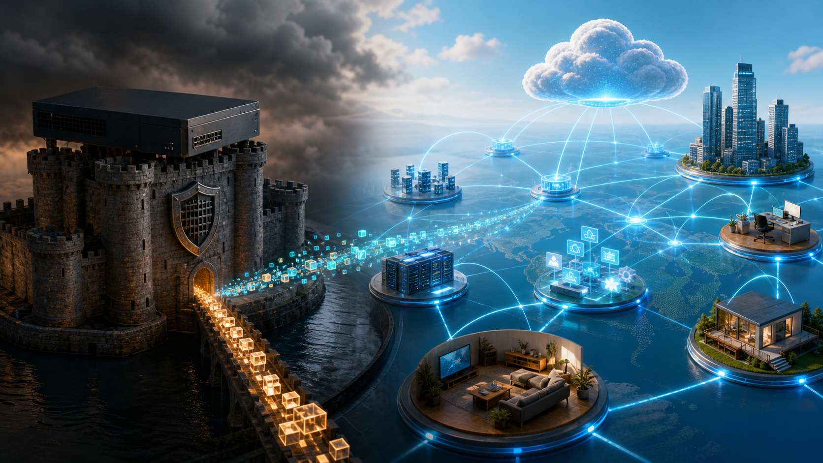 Corporate network traffic escaping an obsolete perimeter and moving through a global cloud security fabric