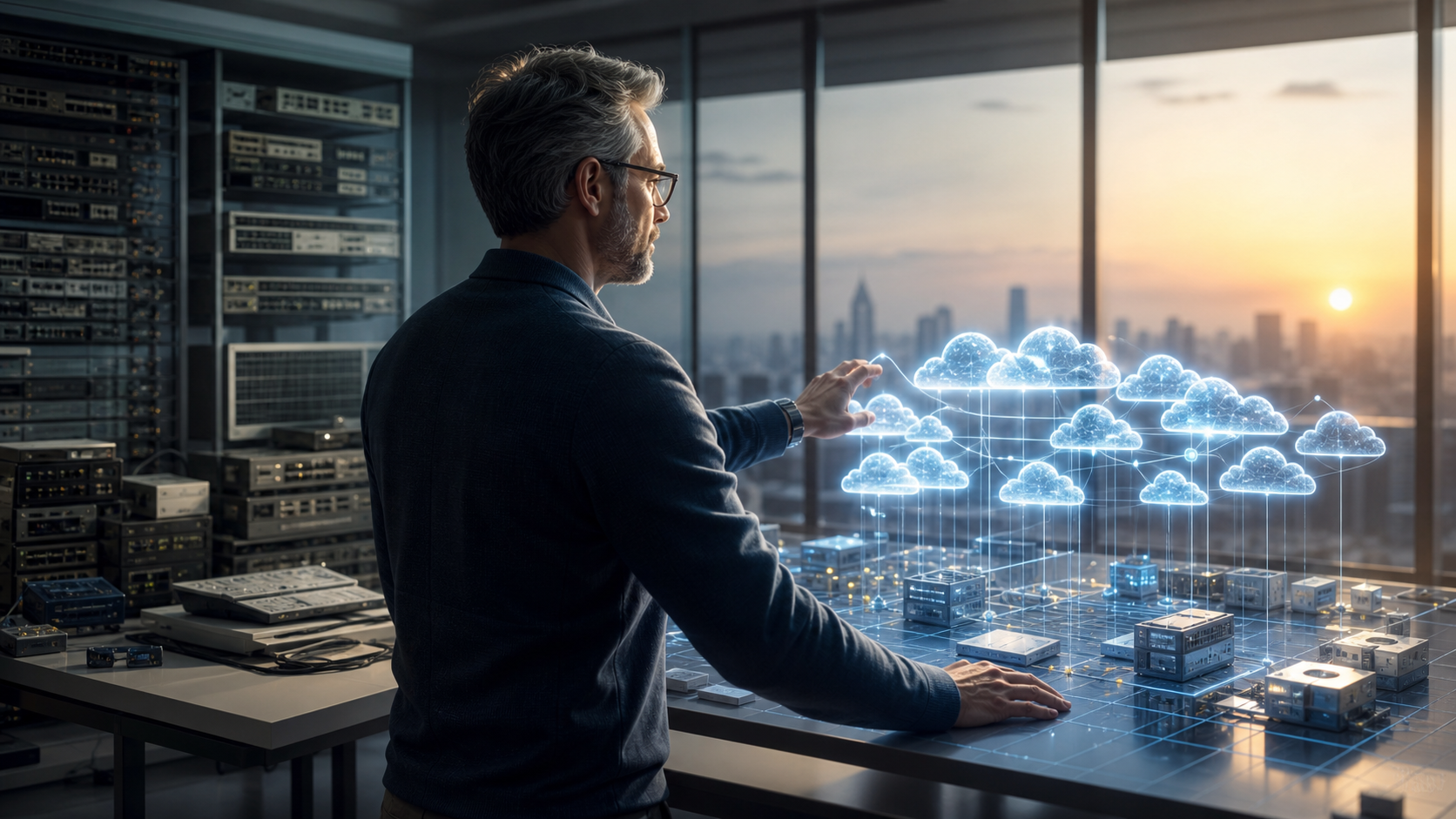 An entrepreneur choosing a new cloud architecture while legacy security appliances fade behind him
