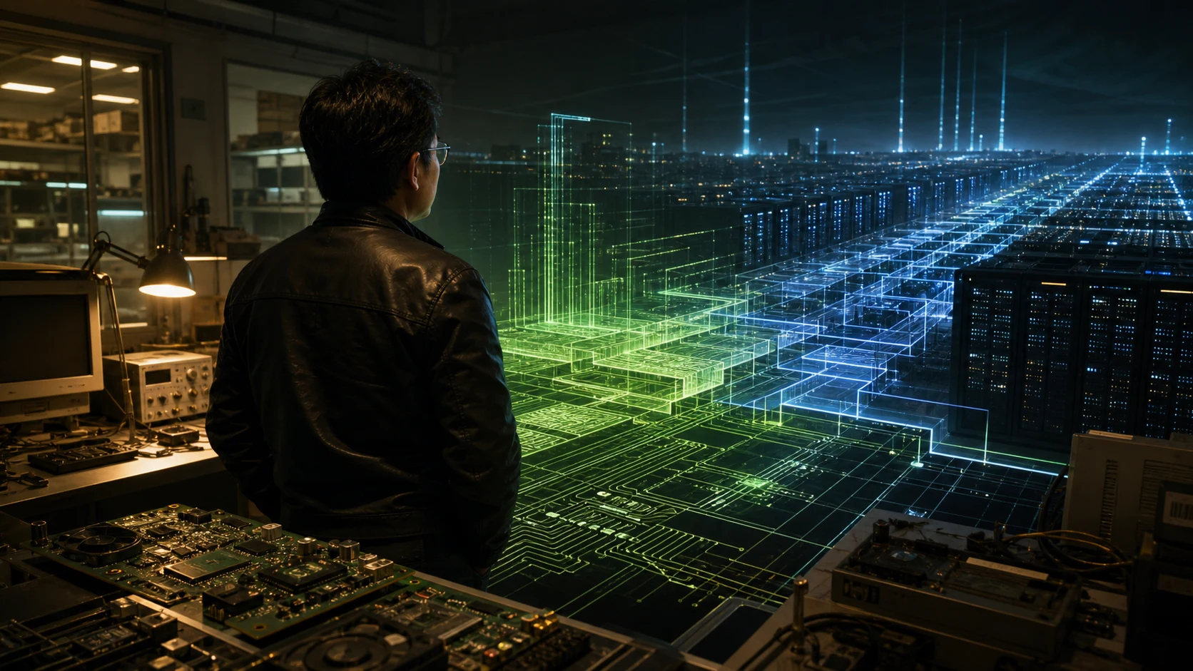 Jensen Huang surveying the early GPU architecture that would grow into a vast AI computing ecosystem