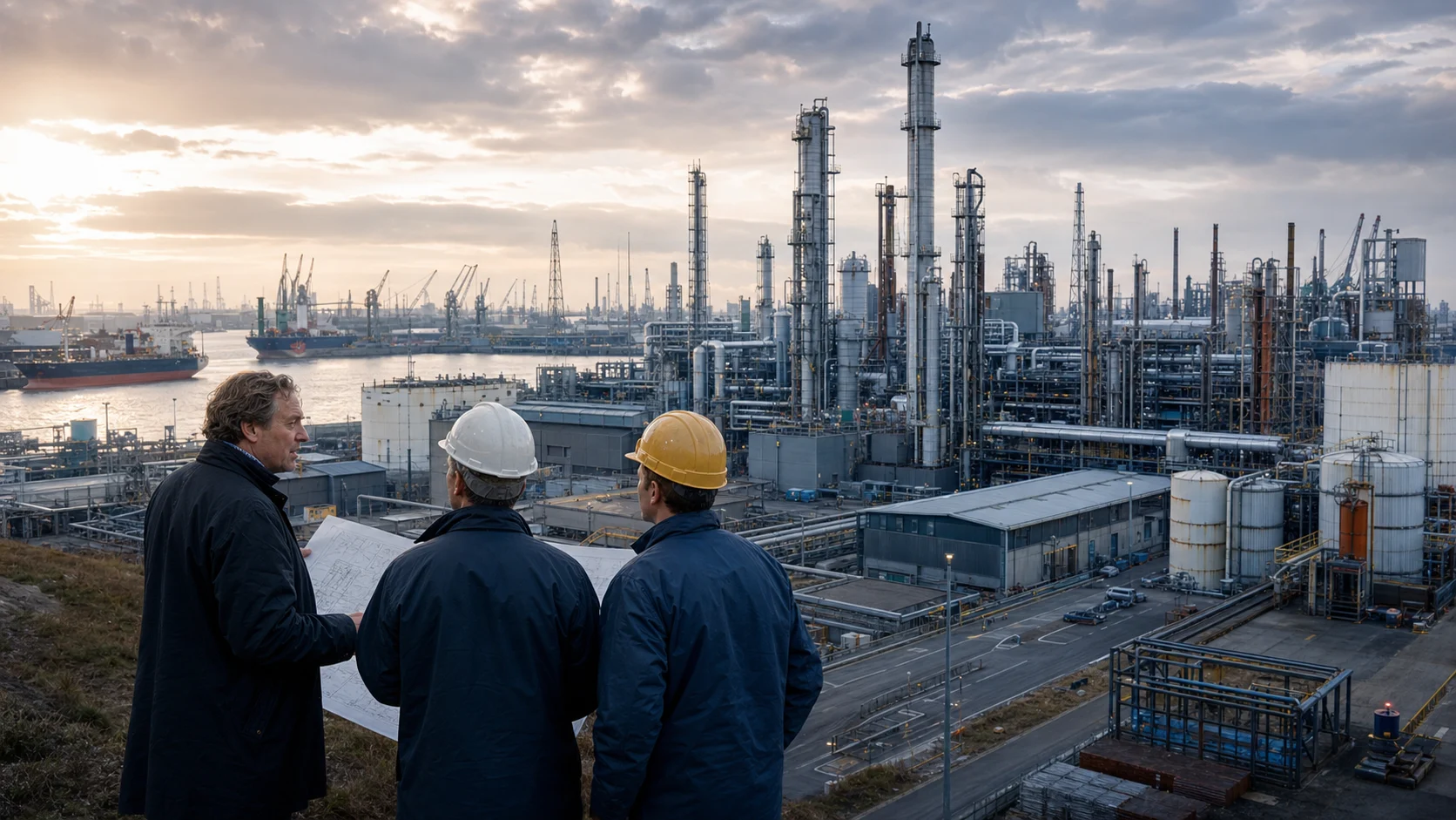 Jim Ratcliffe and plant engineers survey the Antwerp petrochemical complex at the birth of INEOS