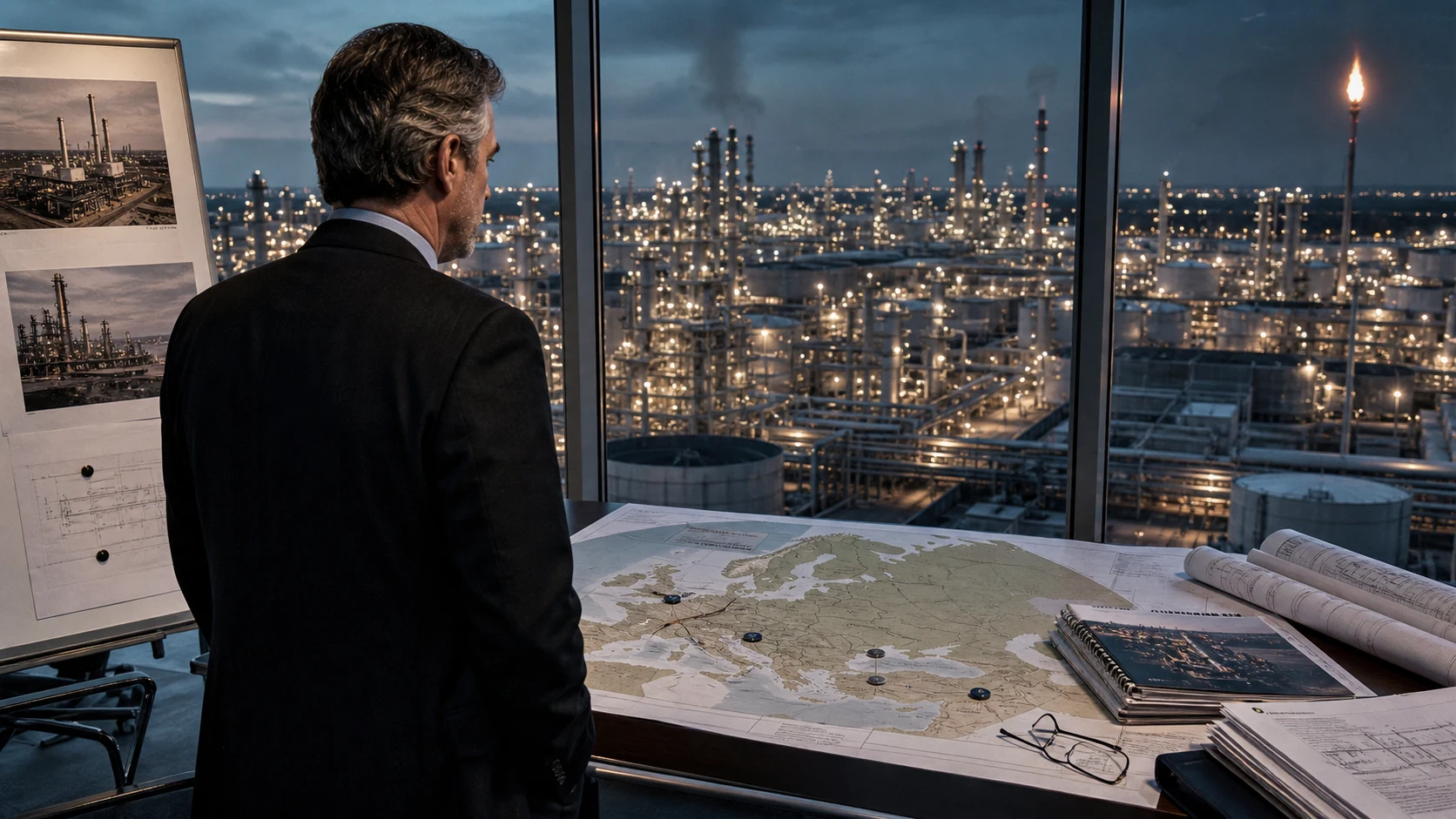 A British industrial dealmaker reviews refinery acquisition plans overlooking a vast petrochemical complex