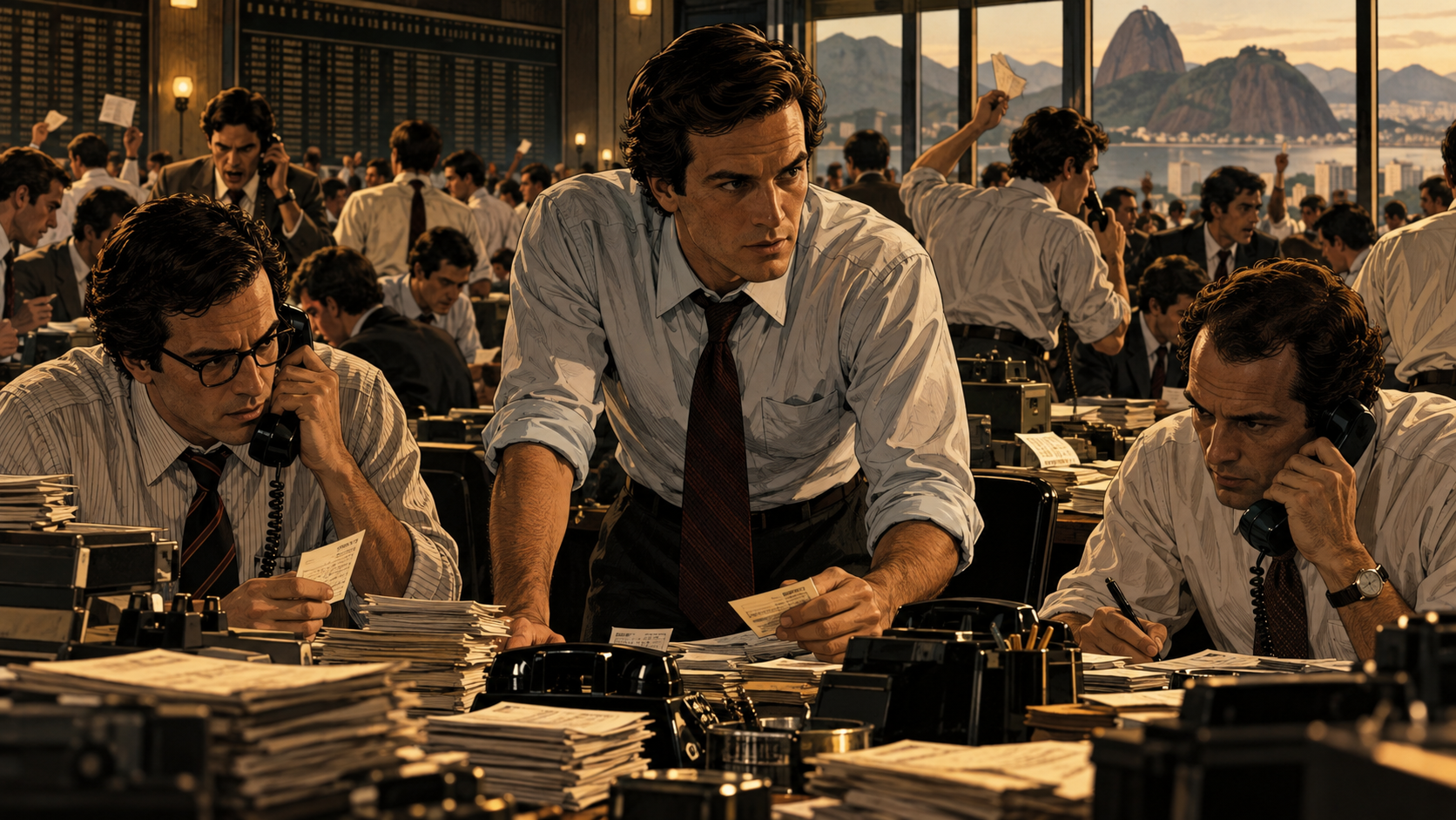 Young Jorge Paulo Lemann and his partners on the intense trading floor of Banco Garantia in 1970s Brazil