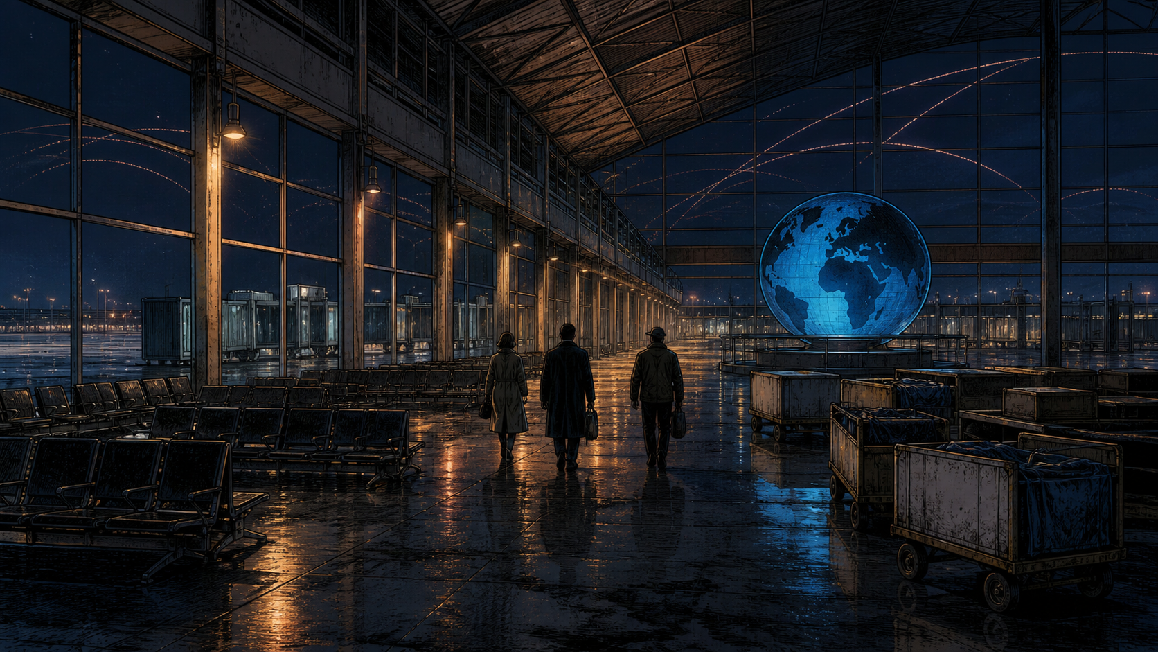 The blue Pan Am globe glowing over a busy international terminal while deregulation and rising fuel costs fracture the network behind it