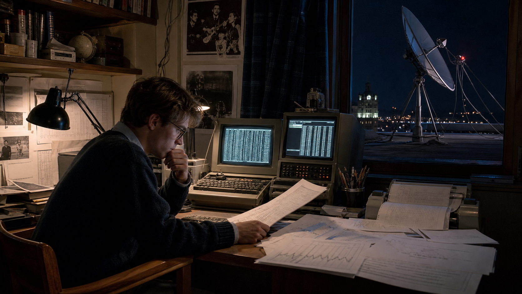 A young quantitative trader in a Harvard dorm receiving market data through an improvised satellite setup