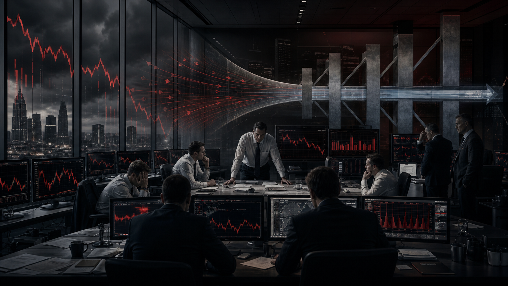 A financial control room under extreme pressure during the 2008 crisis as liquidity lines tighten
