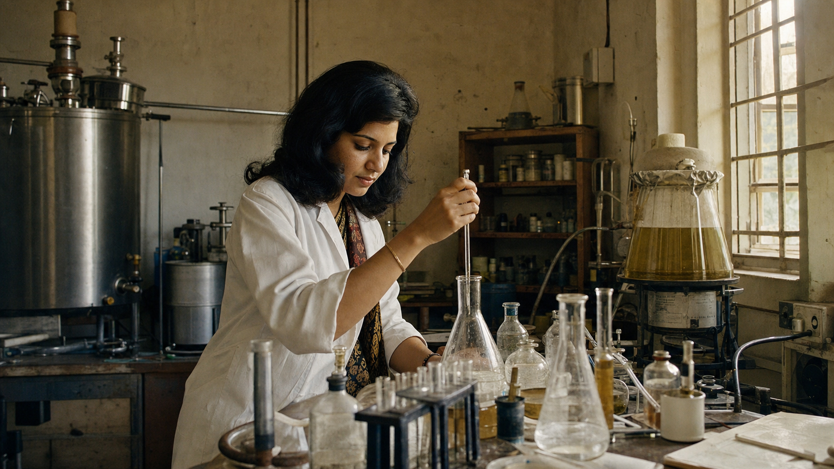 A young Kiran Mazumdar-Shaw adapting fermentation knowledge inside Biocon's first modest Bengaluru workspace