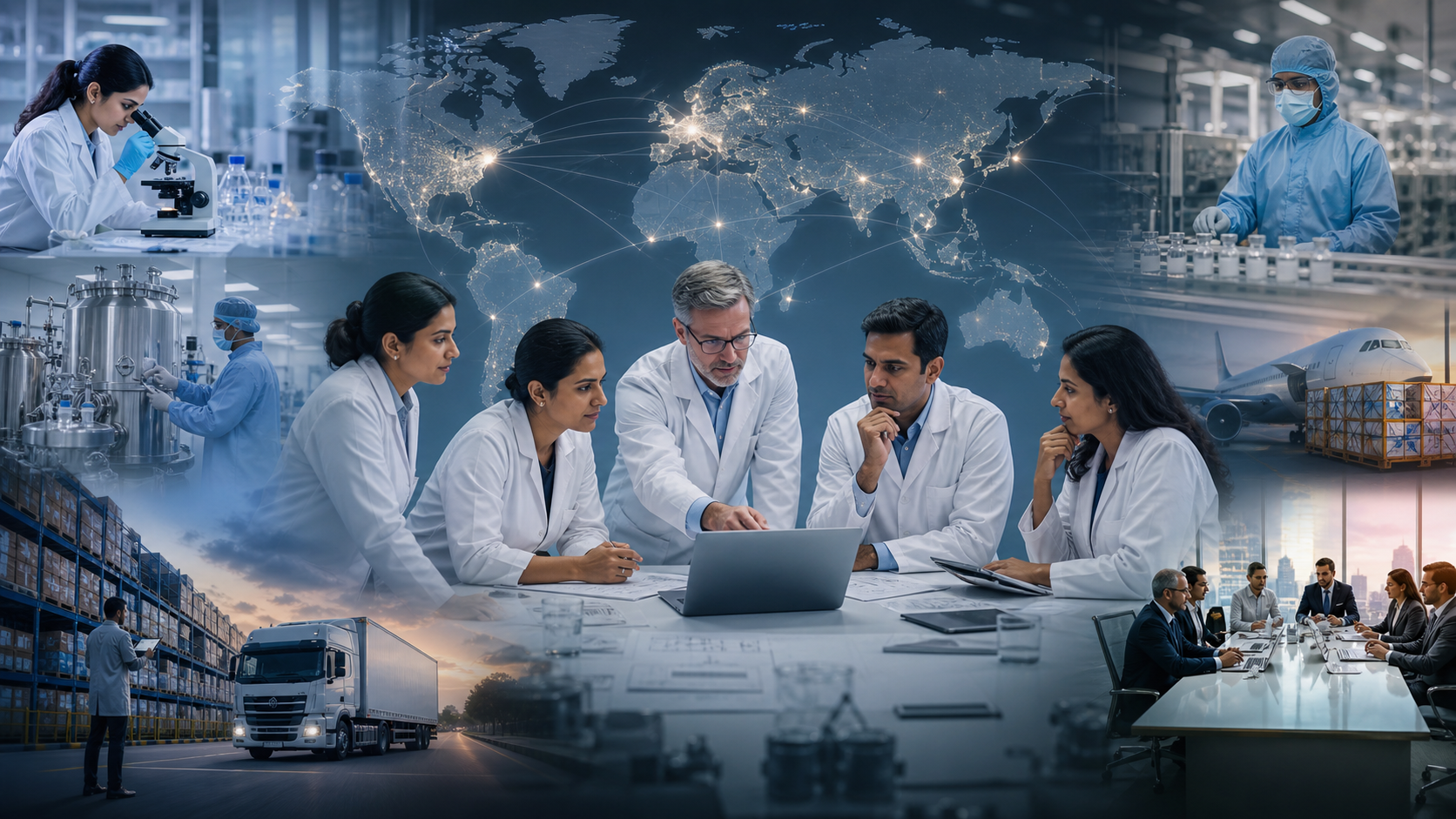 A Biocon quality and regulatory team reviewing a global biosimilar launch across laboratories, factories, and international markets