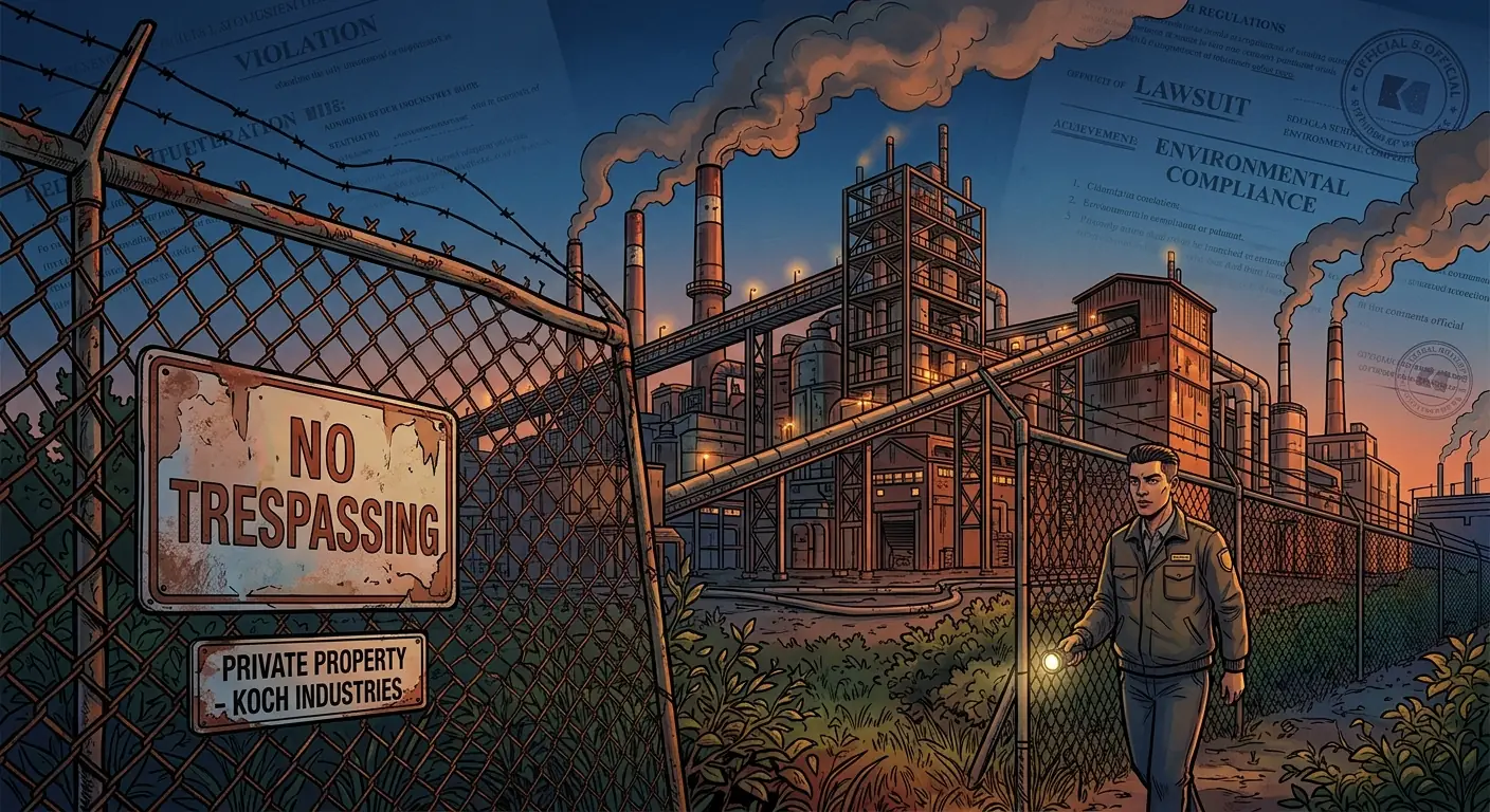 A dimly lit image of a large industrial plant with visible smoke plumes, juxtaposed with a faded "NO TRESPASSING" sign and a subtle overlay of legal documents