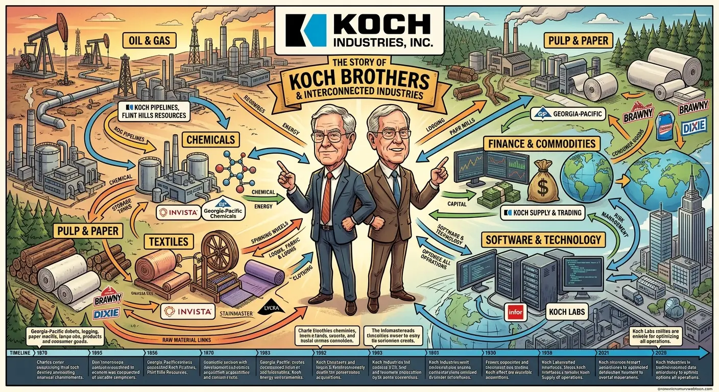 A complex infographic showing interconnected industries: oil & gas, chemicals, pulp & paper, textiles, finance, and software, all under the Koch Industries logo