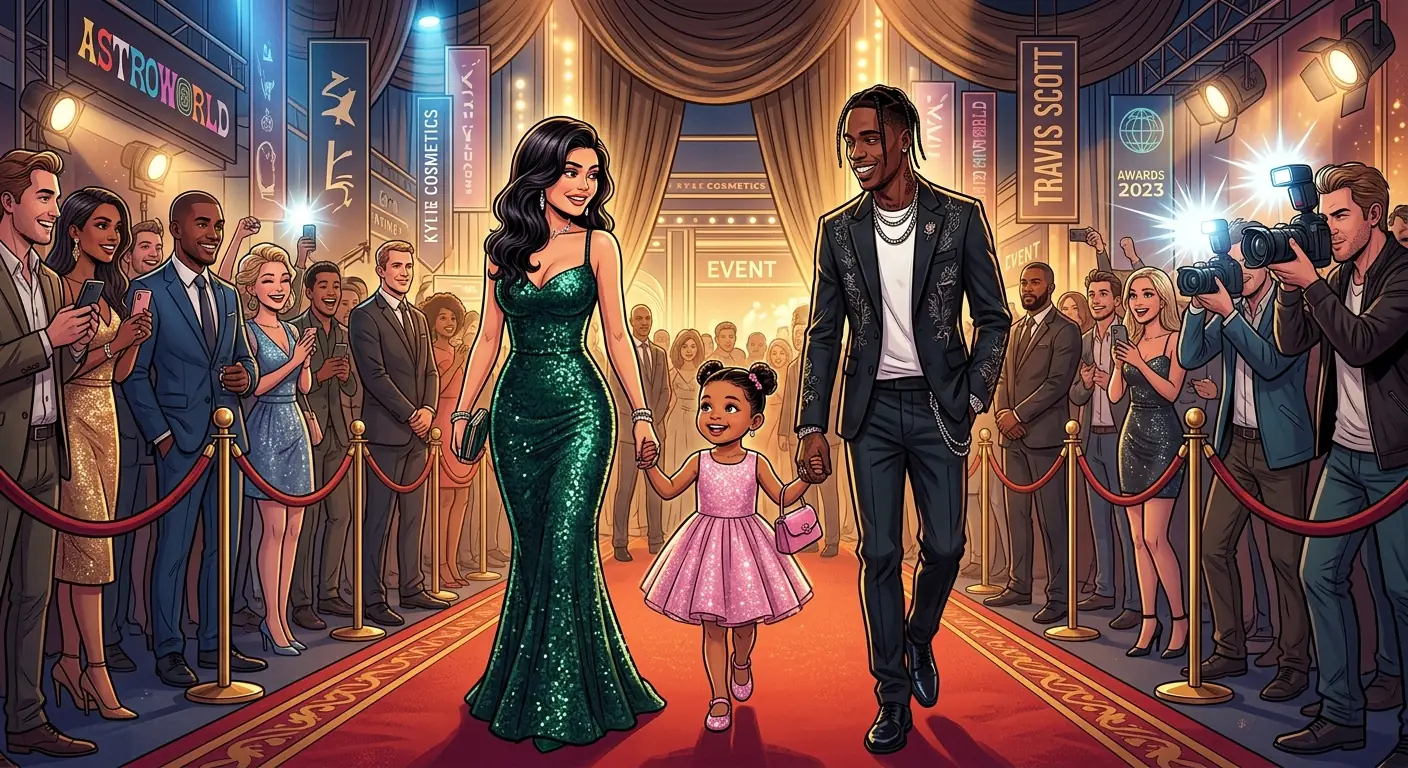 Kylie Jenner with Travis Scott and their daughter Stormi Webster at a public event
