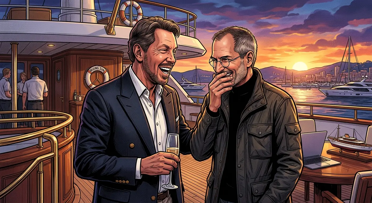 Larry Ellison and Steve Jobs laughing together on a yacht, subtly hinting at their complex friendship and shared love for technology and ambition.