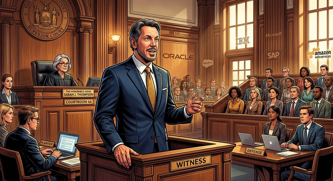A courtroom scene with Larry Ellison on the witness stand, confidently addressing the judge and jury, with famous competitor logos subtly in the background.