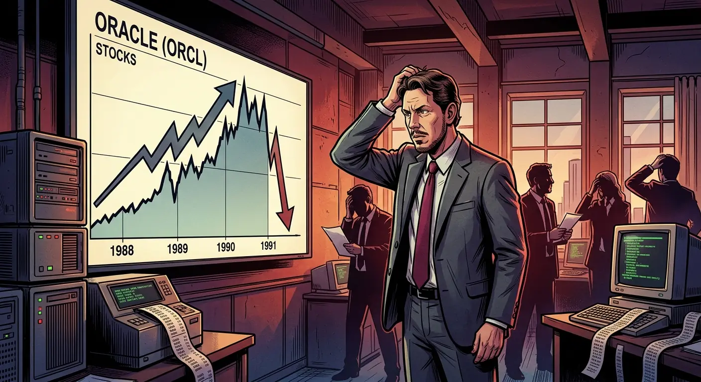 A dramatic illustration of Oracle's stock chart rising sharply then plummeting, with Larry Ellison looking concerned at the graph, symbolizing the boom and bust of the late 80s/early 90s.