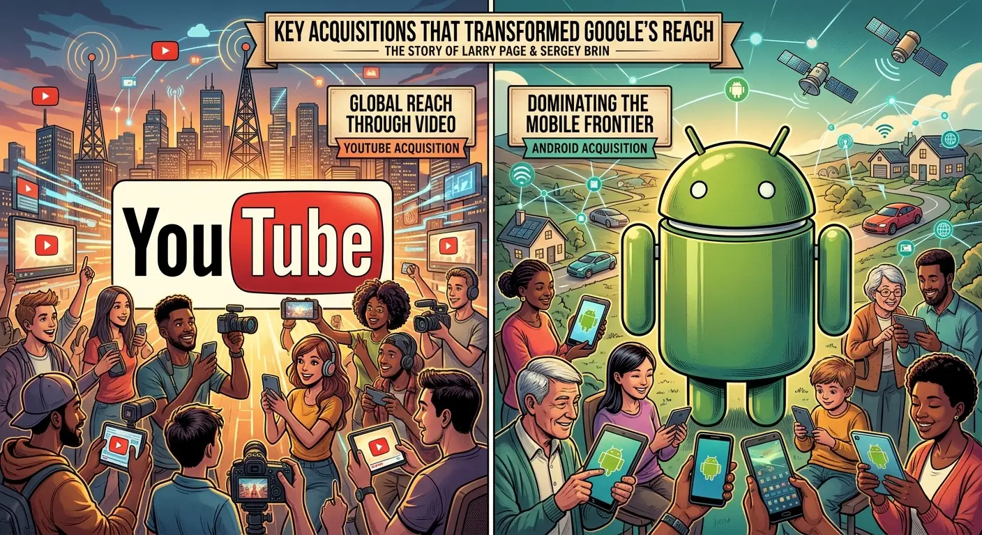 A split image: On one side, the iconic YouTube logo. On the other, the early Android robot mascot, both representing key acquisitions that transformed Google's reach.