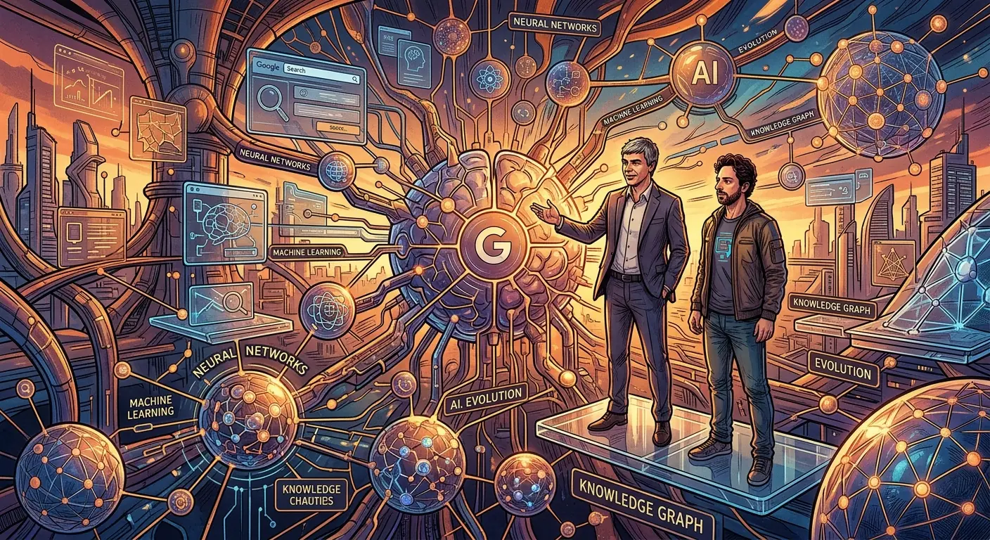 A futuristic, abstract rendering of interconnected data points and AI neurons, symbolizing Google's continued evolution into artificial intelligence and its pervasive influence on the future.